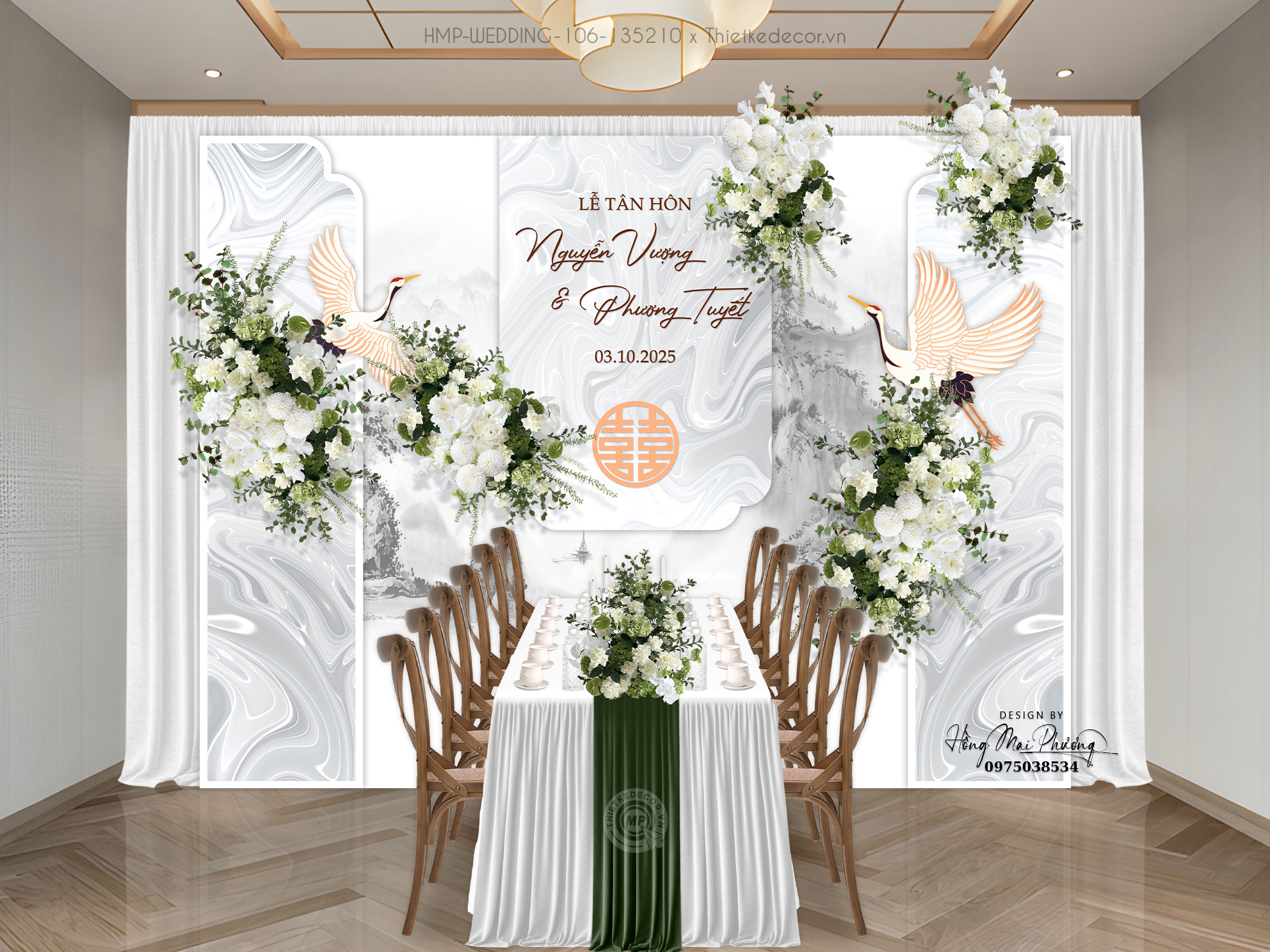 Gia tiên tone xám mix chim hạc nền loang - tranh thủy mặc sang xịn